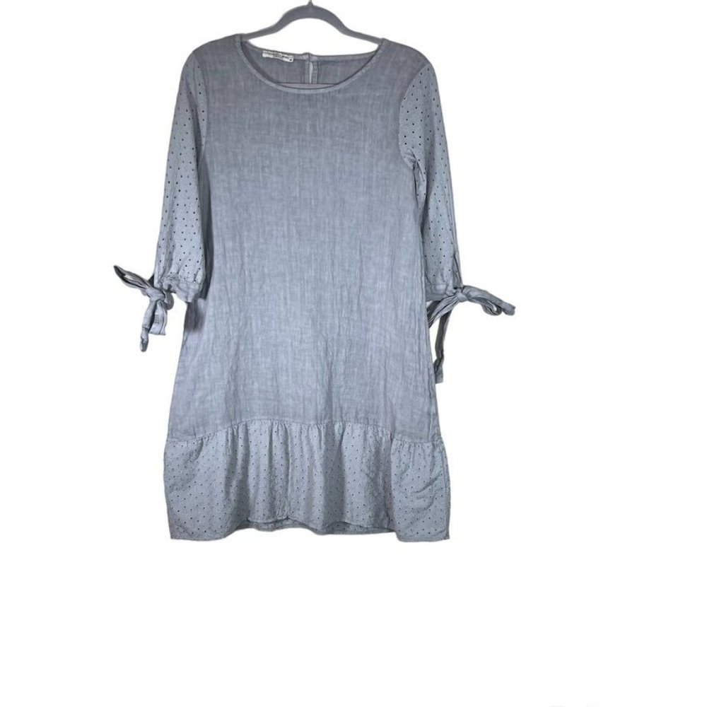 Francesca Bettini Linen Dress Medium Shift Baby Doll Gray Eyelet  Flaw